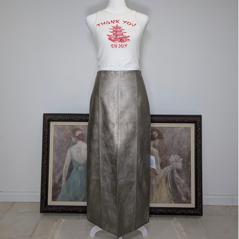 TOPSHOP NWT Metallic Gunmetal Maxi Skirt Slit‎ Faux Leather Indie Sleaze Skirt 6